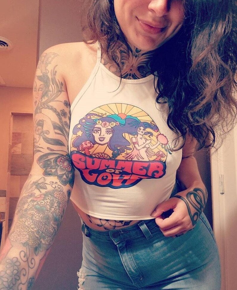 retro festival boho top graphic tank 70s yellow white or blue one size fits most crop top criss cross back Summer of Love halter top