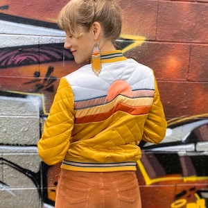 DOLLY Western Mustard Bomber Jacket satin yellow 70s 80s style ski jacket with electric desert sunrise image 1