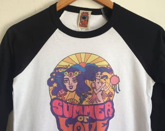 Unisex Summer of Love Baseball Tee psychedelic vintage 70s style mens womens 3/4 length raglan tee festival Jefferson Airplane tshirt 1960s