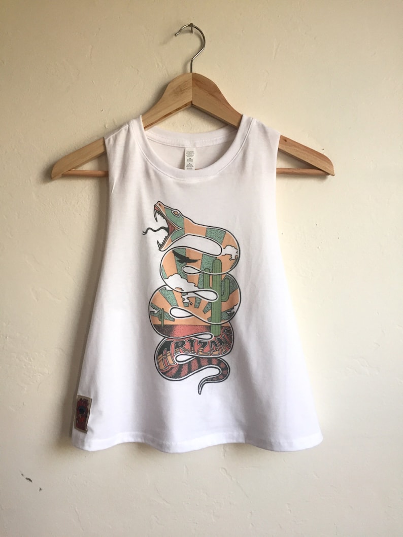 Arizona Snake Cropped Tank Loose Racerback soft 50/50 boxy tank top white tank crop top 70s desert tee biker cacti muscle tank high neck image 2