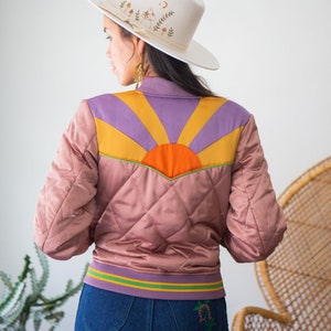 Dusty Rose Rising Sun Jacket Mauve Quilted 70s style satin bomber Jacket lightweight gold and purple seventies jacket 80s image 3