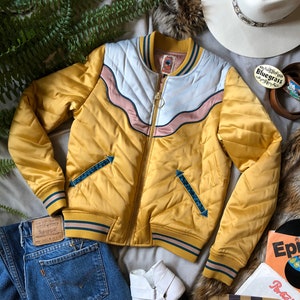 DOLLY Western Mustard Bomber Jacket satin yellow 70s 80s style ski jacket with electric desert sunrise image 9