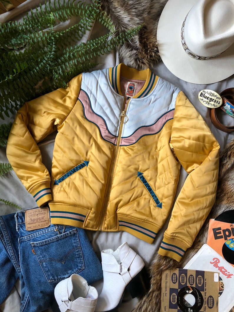 DOLLY Western Mustard Bomber Jacket satin yellow 70s 80s style ski jacket with electric desert sunrise image 9