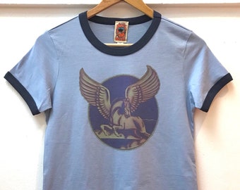 70s Pegasus Ringer Tee | womens heather blue and navy baby tee 1970s style top 50/50 fitted tshirt Unicorn Winged Horse retro shirt