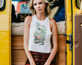 Arizona Snake Cropped Tank | Loose Racerback soft 50/50 boxy tank top white tank crop top 70s desert tee  biker cacti muscle tank high neck