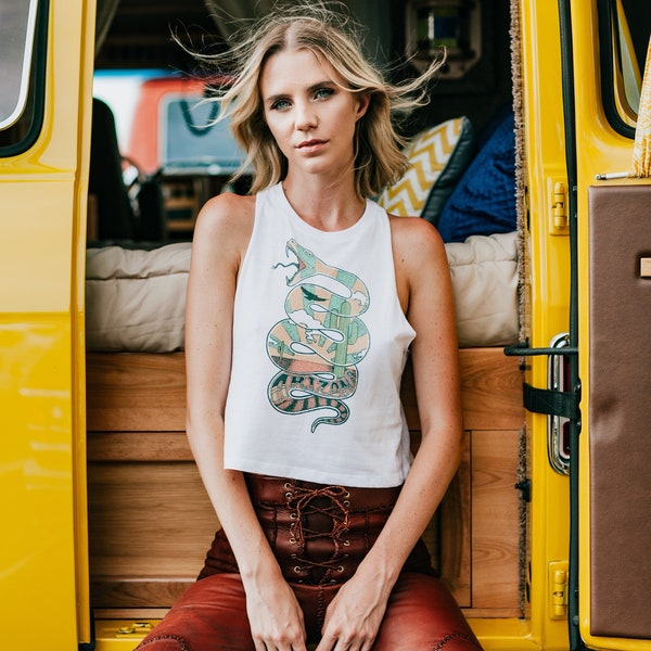 Arizona Snake Cropped Tank | Loose Racerback soft 50/50 boxy tank top white tank crop top 70s desert tee  biker cacti muscle tank high neck