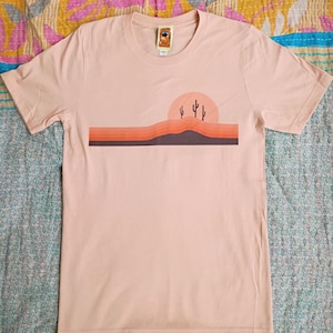 Unisex 70s Salmon Desert Horizons tee | Soft 1970s style desert peach coral pink orange and brown graphic retro tshirt | Cactus shirt