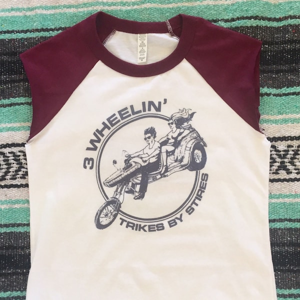 Threewheelin' Motorcycle Sleeveless Baseball Tee | Maroon Trike Moto Tee Biker Tank retro 70s replica raglan distressed cutoff biker tee