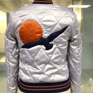 Silver Wings Bomber Jacket 70s Minimal Silver Navy Burnt Orange Sun Retro Fall Quilted Jacket image 3