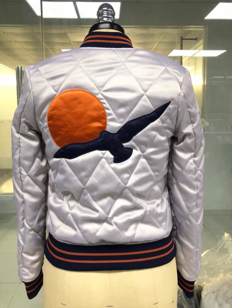 Silver Wings Bomber Jacket 70s Minimal Silver Navy Burnt Orange Sun Retro Fall Quilted Jacket image 3