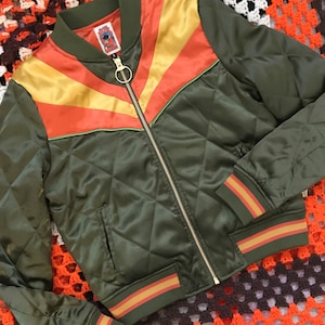 Classic Rock Couture Original Olive Green Rising Sun Jacket | 70s Inspired Retro Western Desert Brand from Arizona | Satin Unisex Jacket