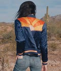 Classic Rock Couture Original Blue Rising Sun Jacket | Navy Royal Blue Quilted Satin 70s Retro Unisex Bomber Jacket | Lightweight Ski Jacket