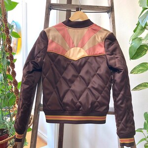 Brown Sugar Rising Sun bomber Jacket Quilted 70s style satin fall Jacket 1970s sunburst chocolate brown with mustard and mauve image 2