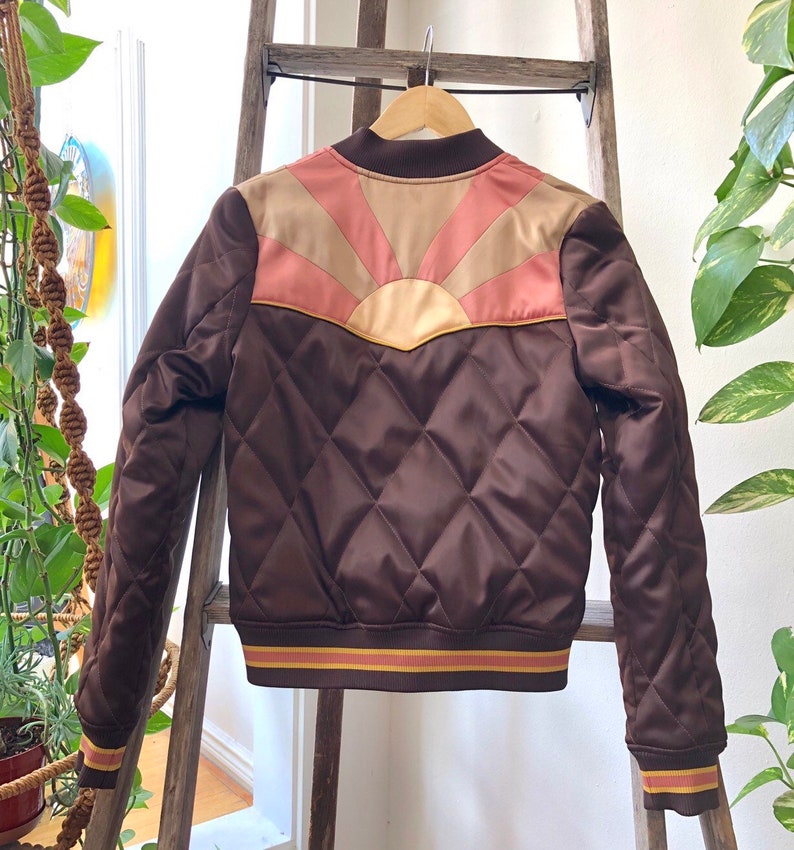 Brown Sugar Rising Sun bomber Jacket Quilted 70s style satin fall Jacket 1970s sunburst chocolate brown with mustard and mauve image 2