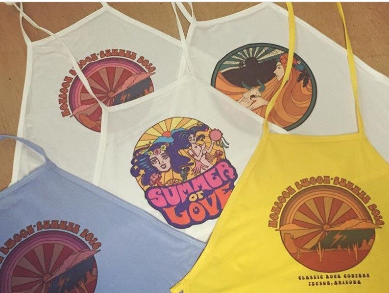 retro festival boho top graphic tank 70s yellow white or blue one size fits most crop top criss cross back Summer of Love halter top