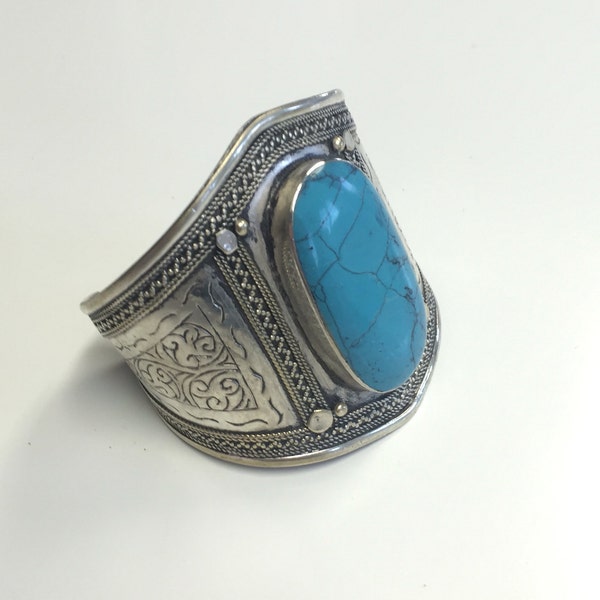 Afghan Thick Silver Turquoise Cuff Bracelet | Bohemian Kuchi Banjara BellyDance Gypsy Bracelet | Inlaid Teardrop Stones and Tribal Etching