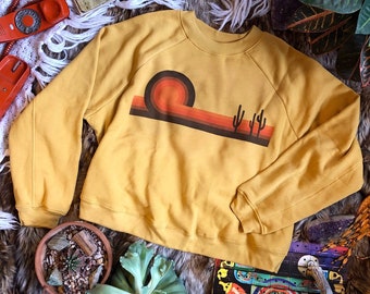 Desert Horizon Cropped Sweatshirt | super soft mustard yellow gold 70s style cactus long sleeve