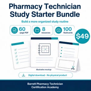 May include: Pharmacy Technician Study Starter Bundle digital download featuring a 60-page PDF, 8 resources, and 100 flashcards. The graphic includes text, icons, and an illustrative mockup of study materials with a teal and dark blue colour scheme.
