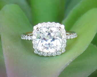 White Sapphire and Diamond Engagement Ring | 3ctw | VVS VS quality | Made To Order | Cushion Cut | Halo | 14kt, 18kt and Platinum