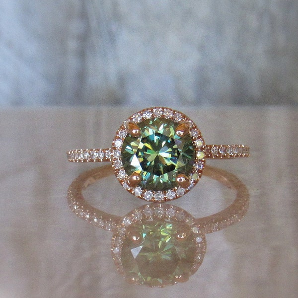 Moissanite Ring | 14kt |  Moissanite Engagement Ring | Green Moissanite and Diamond Ring, 14kt, IN STOCK