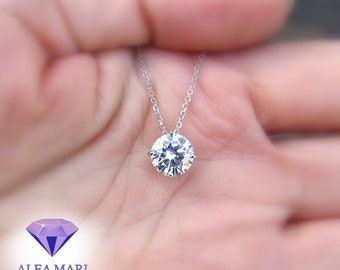 Moissanite Necklace, 14kt White Gold   2.00ct, 8mm, VS, H Color, Free Shipping, 18" length, Slide Pendant , conflict free