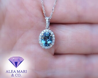 London Blue Topaz and Diamond Pendant, 1.80cts, 14kt, MADE TO ORDER, Oval halo, Free Shipping, Necklace, Anniversary, Mothers Day, Birthday