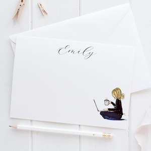 Personalized Stationery Set: Late Night [Stationary Notecards, Personalized, Fashion Drawing, Girly Stationery Sets for Letter Writing]