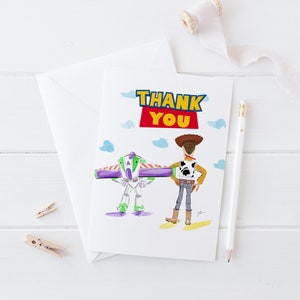 Tarjeta de agradecimiento "Amigo en mí" (Dos historias - Tarjeta de agradecimiento por cumpleaños infantil - Historia de bebé - Tarjeta de cumpleaños - Buzz y Woody) de Melsy's Illustrations