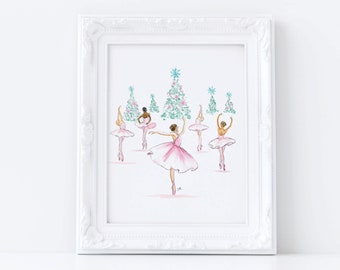 May include: A framed watercolor print featuring ballerinas in pink tutus dancing near Christmas trees. The artwork is set in a white frame and has a light, airy feel. The ballerinas are in various poses, with a central figure in a flowing pink dress.