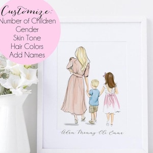 May include: A framed watercolor print depicts a mother in a pink dress holding a baby, walking with a young boy and girl. The print includes the text "Customize: Number of Children, Gender, Skin Tone, Hair Colors, Add Names."