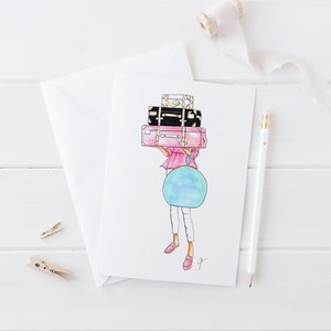 Luggage Girl (Card)(Melsy Cards Sets - Personalized Stationery Wedding Cards-Birthday Cards-Bridal Shower Cards)By Melsy's Illustrations