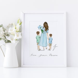 May include: A framed art print featuring a mother and two children. The mother wears a light blue dress and holds a bouquet of blue flowers. The children are in green and blue shirts. The names Finn, Jamie, and Mason are written below.