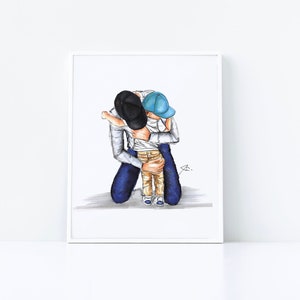 May include: A black and white illustration of a father and son hugging. The father is wearing a black cap and blue jeans. The son is wearing a blue cap and khaki pants.