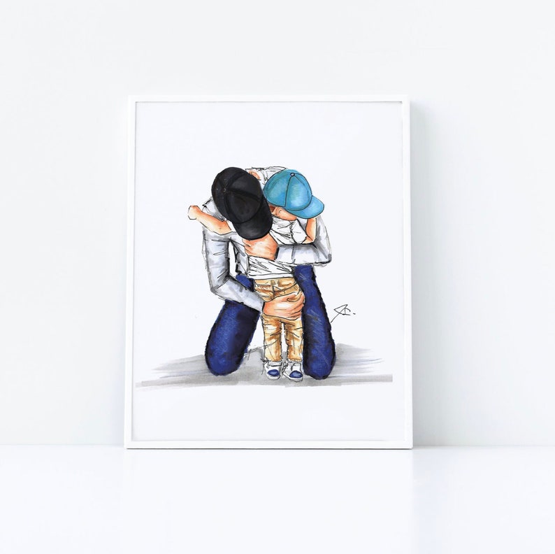 May include: A black and white illustration of a father and son hugging. The father is wearing a black cap and blue jeans. The son is wearing a blue cap and khaki pants.