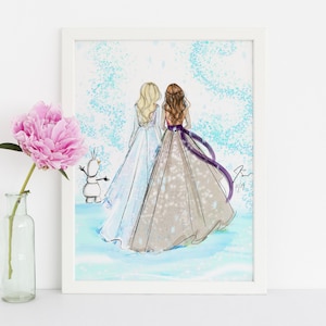 May include: A framed illustration of two women in wintery dresses, walking away from the viewer. The woman on the left is wearing a light blue dress, and the woman on the right is wearing a beige dress with a purple sash. A small snowman is in the background.