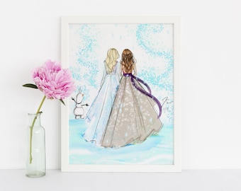 NEUE LIMITED EDITION Eisprinzessinnen Teil 2 (Fashion Illustration Print- Frozen - Elsa und Anna-Olaf) von Melsy&#39;s Illustrations