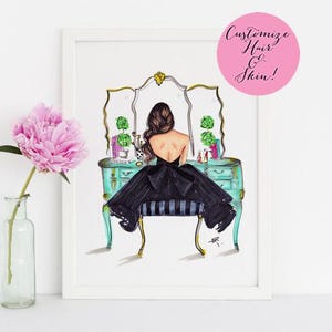 May include: A woman in a black dress sits at a vanity with a mirror and a turquoise and gold vanity table. The text "Customize Hair & Skin!" is in a pink circle above the image.