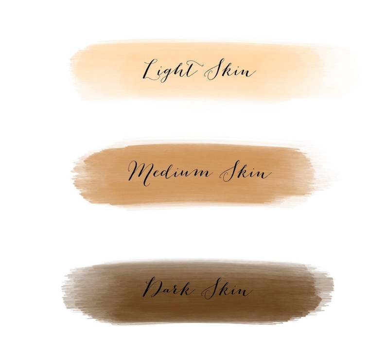 May include: Three horizontal swatches of paint showing different skin tones. The top swatch is light beige and says "Light Skin". The middle swatch is medium brown and says "Medium Skin". The bottom swatch is dark brown and says "Dark Skin".