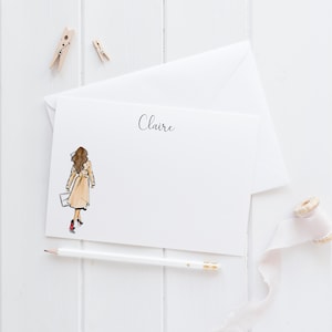 Personalized Stationery Set: Tan Coat [Stationary Notecards, Personalized, Fashion Drawing, Girly Stationery Sets for Letter Writing]