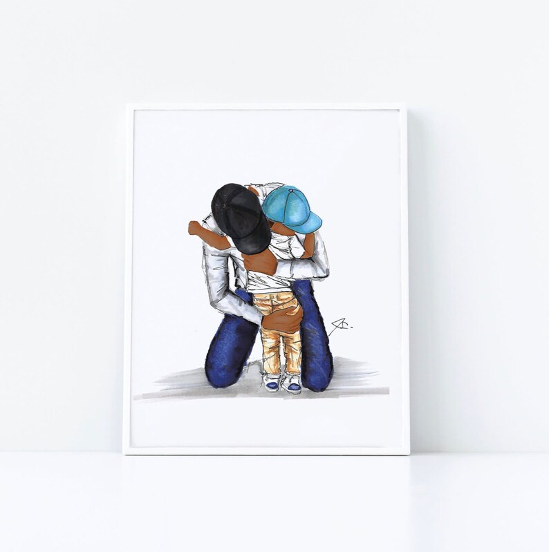 May include: A digital illustration of a father and son hugging. The father is wearing a white shirt, blue jeans, and a black baseball cap. The son is wearing a white shirt, khaki pants, and a blue baseball cap. The father is kneeling and the son is standing.