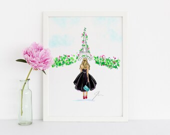 May include: A watercolour illustration of a woman in a black dress walking towards the Eiffel Tower, which is decorated with pink flowers. The background is a light blue sky with white clouds.