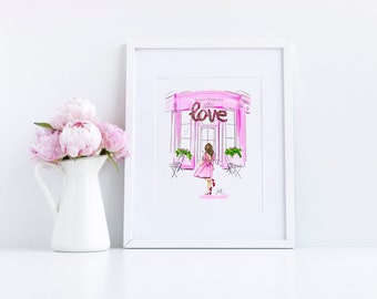 May include: A pink watercolour illustration of a woman in a pink dress standing in front of a pink building with the word "LOVE" in pink letters above the door. The building has a sign that says "Black Swan Cafe".
