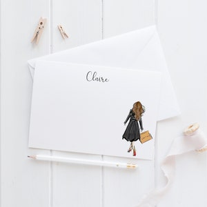 Personalized Stationery Set: The Black Coat [Stationary Notecards, Personalized, Fashion Drawing, Girly Stationery Sets for Letter Writing]