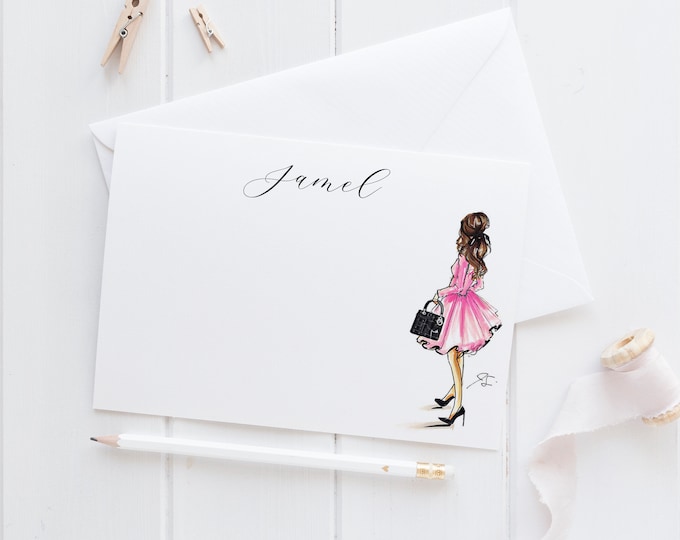 Personalized Stationery Set: Pink Dress  [Stationary Notecards, Personalized, Fashion Drawing, Girly Stationery Sets for Letter Writing]