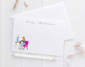Personalisiertes Briefpapier Set: Pink Chair [stationäre Karte, personalisiert, Modezeichnung, mädchenhafte Briefpapiersets]