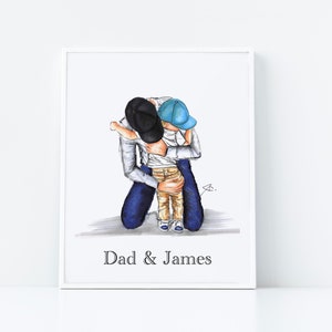 May include: A watercolor illustration of a father and son hugging. The father is wearing a black baseball cap and a gray shirt. The son is wearing a blue baseball cap and a white shirt. The text "Dad & James" is written below the image.