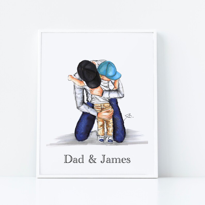 May include: A watercolor illustration of a father and son hugging. The father is wearing a black baseball cap and a gray shirt. The son is wearing a blue baseball cap and a white shirt. The text "Dad & James" is written below the image.