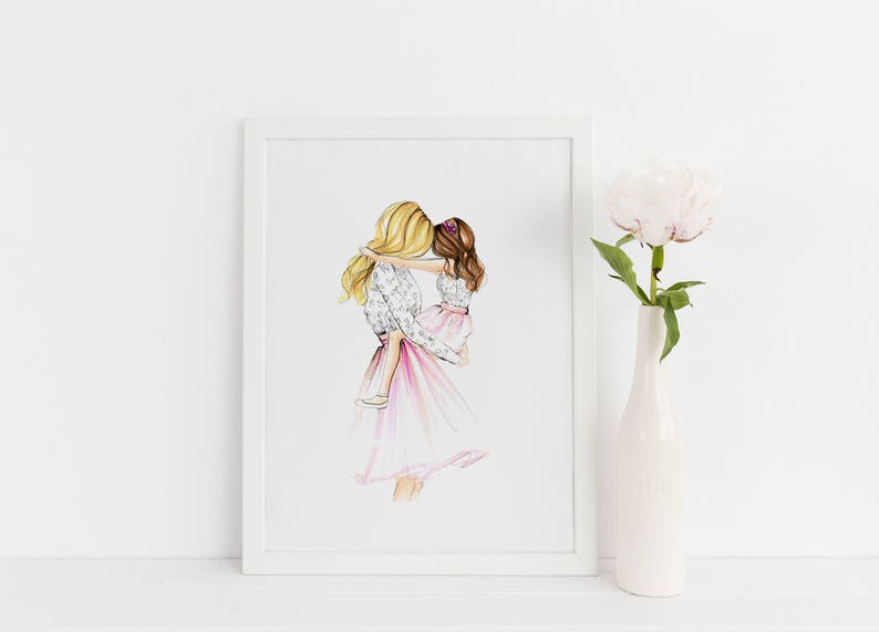 Art Print:A Girl's Best Friend Fashion Illustration Print Gifts for Mom Home Decor Mother Daughter By Melsys Illustrations Blonde/Brunette