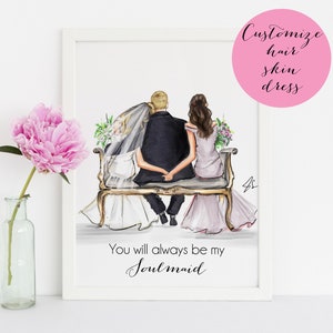 Può includere: Un'illustrazione ad acquerello di una coppia seduta su una panchina, con la sposa in un abito bianco e lo sposo in un abito nero. Il testo "You will always be my Soulmaid" è scritto sotto la coppia.