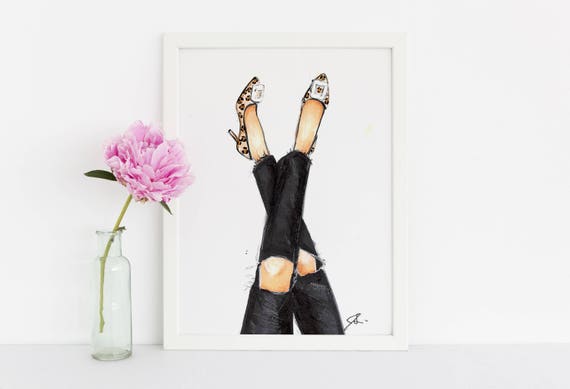 Leopard and Denim fashion Illustration Print fashion | Etsy